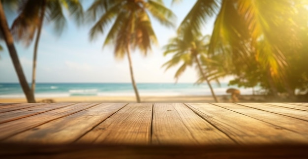 Tampo da mesa de madeira velha contra a praia panorâmica turva com folhas de coqueiro Conceito Férias Verão Praia Mar Imagem gerada por IA