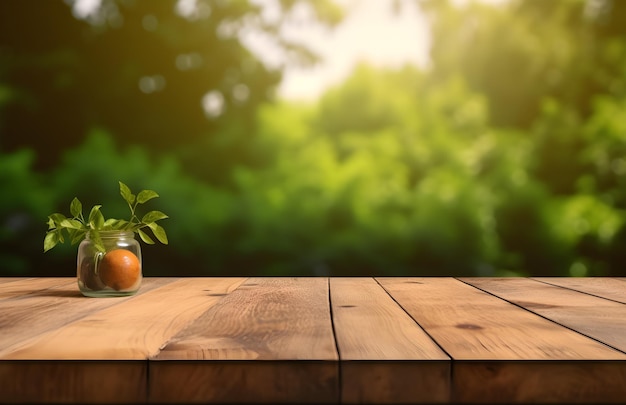 Tampo da mesa de prancha de madeira vazia com banner de exibição de produto de fundo de natureza verde parque desfocado generativo ai