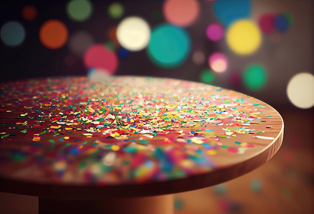 Foto tampo da mesa de textura de madeira em desfoque com fundo de confete colorido caindo com luz bokeh