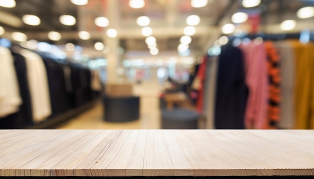 tampo da mesa vazio com exibição de butique de roupas em desfoque fundo de shopping center interior