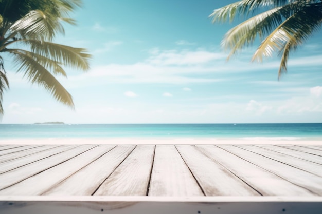 Tampo de mesa de madeira com fundo de praia de verão criado com IA generativa