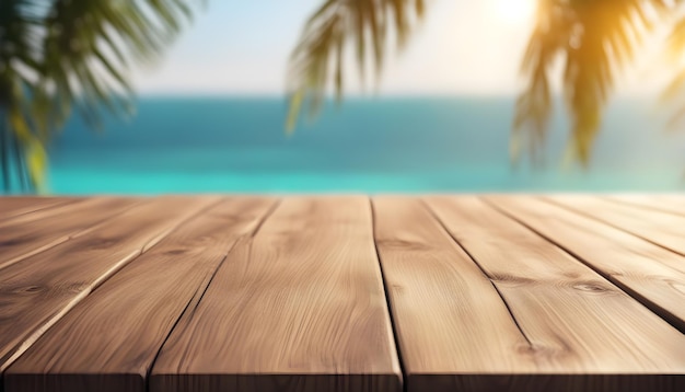 Tampo de mesa de madeira com fundo desfocado de mar e palmeira Ai Generated
