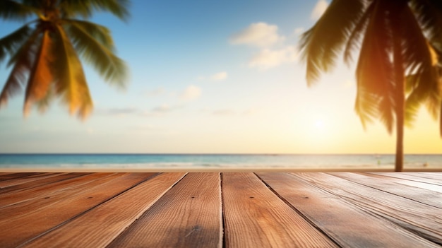 Tampo de mesa de madeira com paisagem marítima e palmeira