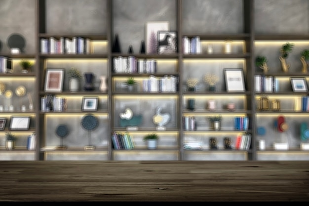 Foto tampo de mesa de madeira desfocado em loja de biblioteca ou fundo de sala de estar