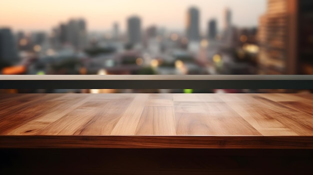 Tampo de mesa de madeira para exibição de produtos no fundo desfocado da vista da cidade ao pôr do sol da noite