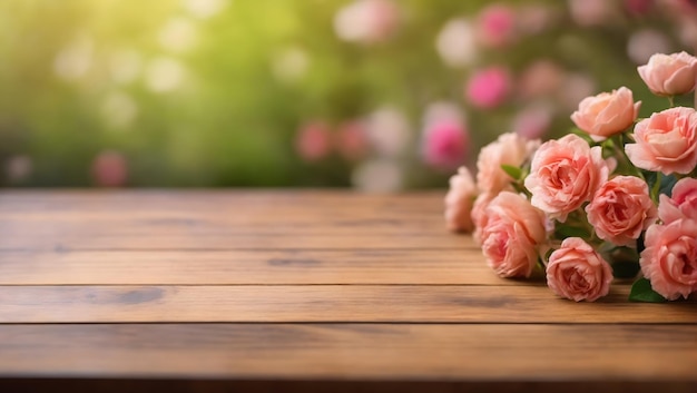 Tampo de mesa vazio de tábua de madeira sobre fundo de flor desfocado