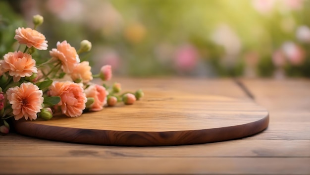 Tampo de mesa vazio de tábua de madeira sobre fundo de flor desfocado