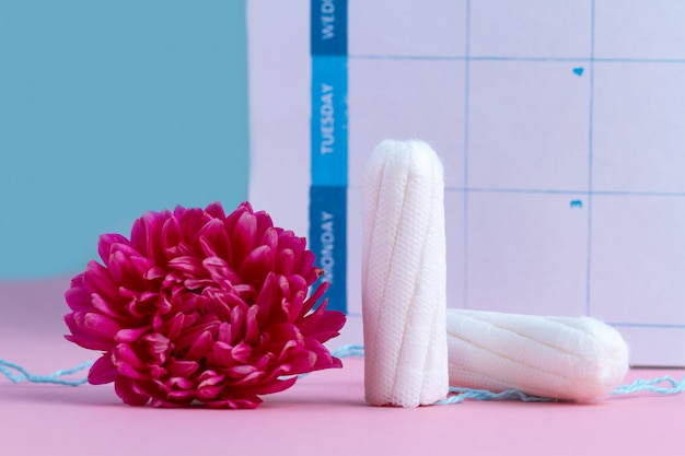 Tampões para dias críticos e uma flor rosa. cuidados de higiene durante a menstruação. ciclo menstrual regular. cuidando da saúde da mulher.