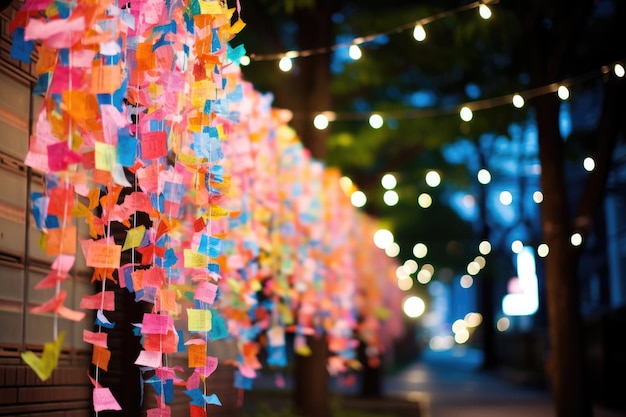 Tanabata-Feier mit Bambusdekorationen und Wünschen, die auf farbenfrohes Papier geschrieben sind