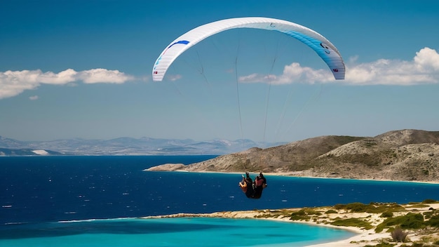 Foto tandem de parapente voando sobre a costa do mar com água azul e céu no horizonte