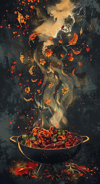 Tandoori-Hühnergericht-Poster mit Tandoor-Ofen und Gewürzen Ru Illustration Essen Trinken Indische Geschmacksrichtungen