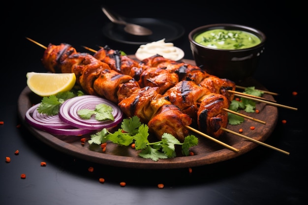 Tandoori perfeição frango marinado tikka kebabs assados servidos com chutney e cebolas