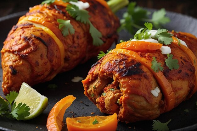 Tandoori pollo relleno de mitades de zanahoria