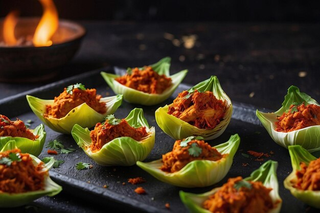 Foto tandoori con pollo y tazas de endivia rellenas