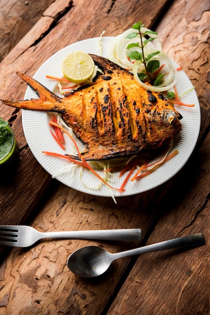 Tandoori Pomfret Fisch im Lehmofen gekocht und mit Zitronen-, Minze-, Kohl- und Karottensalat garniert. Selektiver Fokus