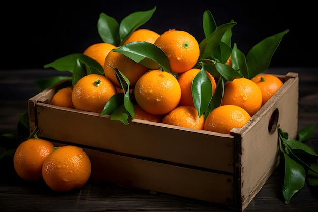 Tangerinas com folhas em caixa de madeira