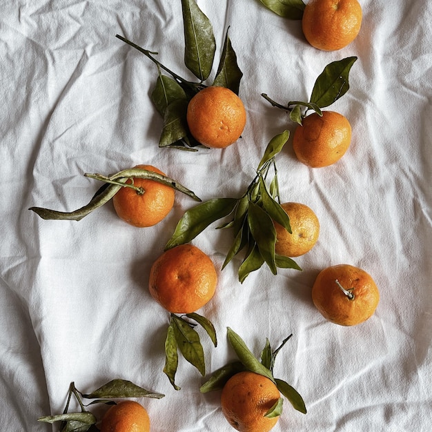 Tangerinas em pano de linho amassado neutro Vista superior plana