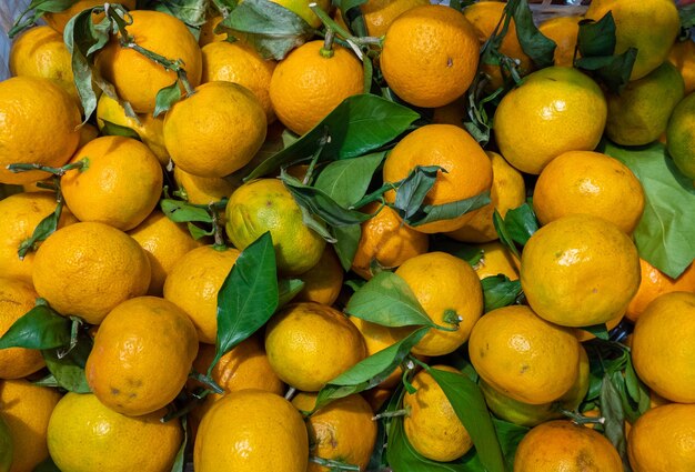 tangerinas em uma bandeja no mercado