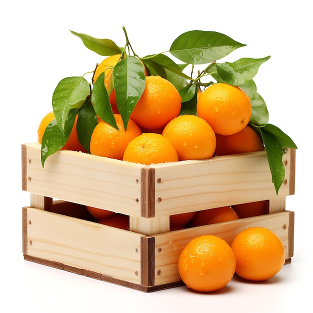 Tangerinas maduras com folhas em caixa de madeira sobre fundo branco