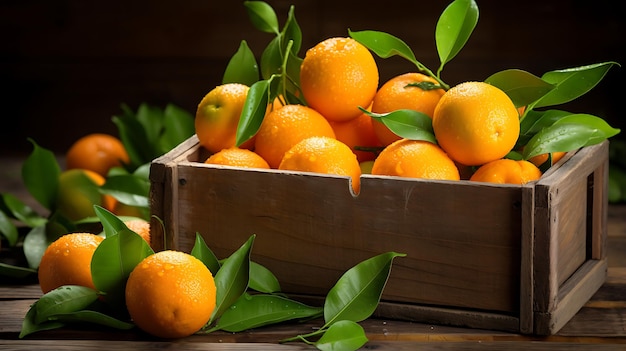 Tangerinas maduras com folhas em caixa de madeira