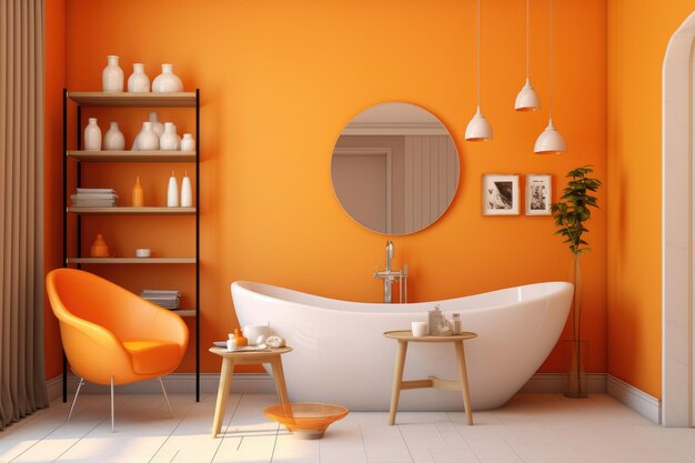 Tangerinfarbe Minimaldesign-Dekoration Modernes Badezimmerinterieur