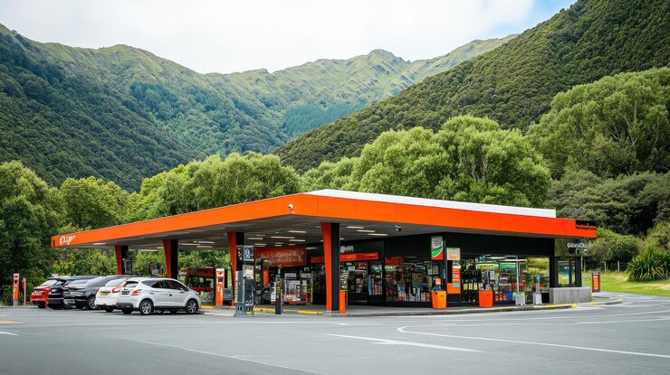 Foto tankstelle in neuseeland mit einer autowaschstätte und restaurants
