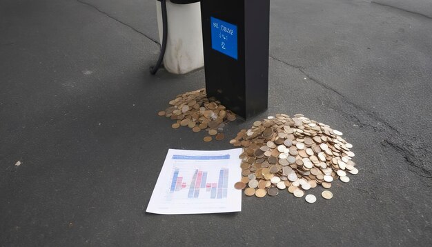 Tankstelle und Münzhaufen mit Karte