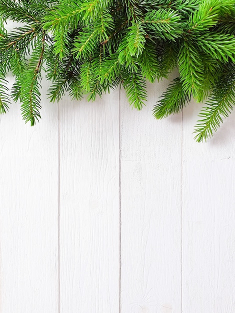 Tannengrenze auf weißem hölzernem Hintergrund. Draufsicht des Weihnachtsrahmens