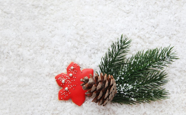 Tannenzweig, Lebkuchen und Tannenzapfen auf weißem Schneehintergrund, Draufsicht, Kopierraum