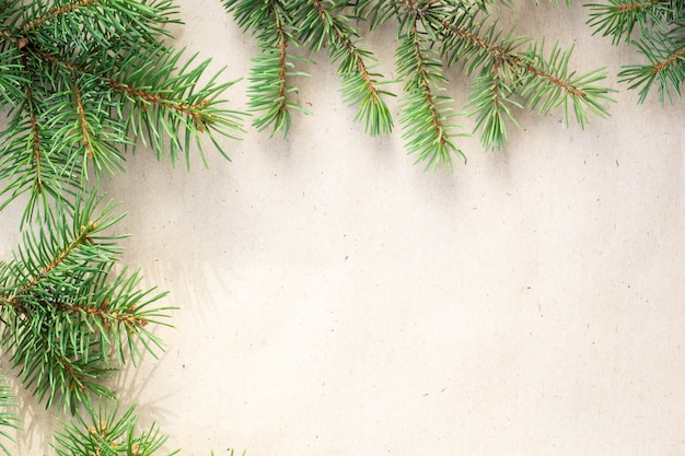 Tannenzweige begrenzen auf hellem rustikalem Hintergrund, gut für Weihnachtshintergrund.