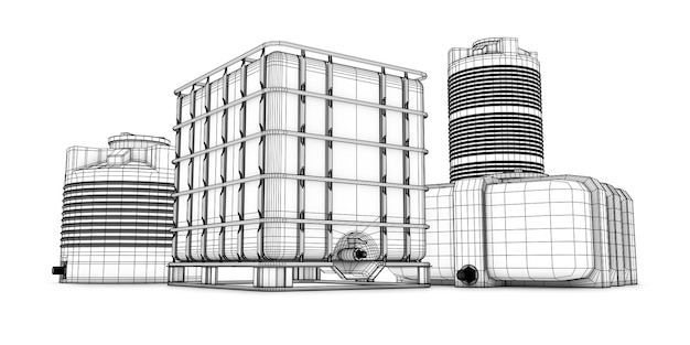 Foto tanque de agua con rejilla metálica y contenedores para agua de diferentes formas renderización 3d