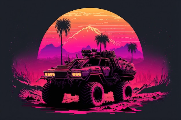 Tanque de armadura militar ilustrado con luz de neón retro y diseño de ondas de vapor