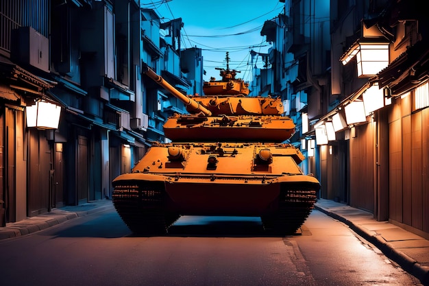 Tanque de armadura en la noche de la calle en el arte generativo de Japón por AI