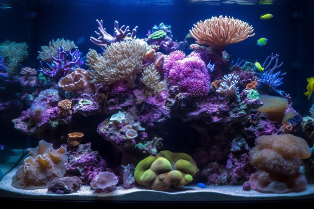 Un tanque de arrecife de coral con una luz azul detrás