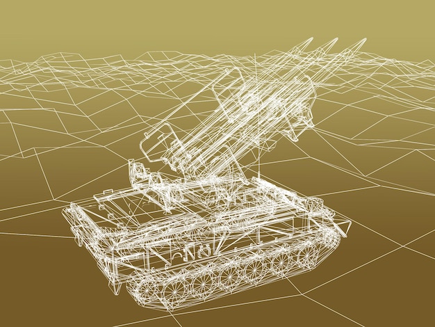 Tanque de batalla en estructura metálica de renderizado 3d de arena