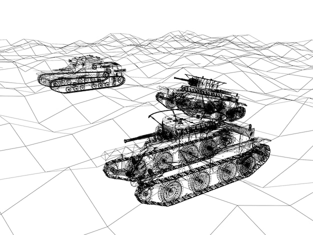 Tanque de batalla en estructura metálica de renderizado 3d de arena