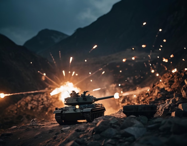 Un tanque de batalla en miniatura disparando su arma en un paisaje de montaña rocosa al anochecer con chispas volando