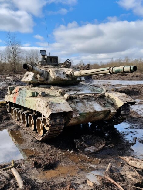 Foto tanque de batalla ruso que fue destruido en la carretera de la autopista durante las hostilidades en rusia