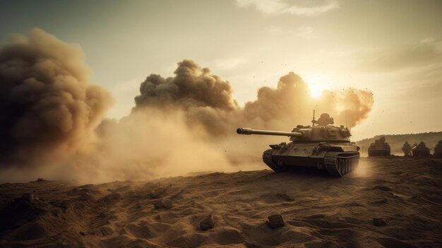 Un tanque de batalla viaja rodeado por el humo de las explosiones en una zona desértica.