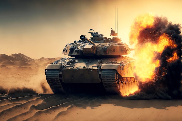 Tanque blindado atravessa um campo minado durante a invasão de guerra cena épica de fogo e alguns no deserto