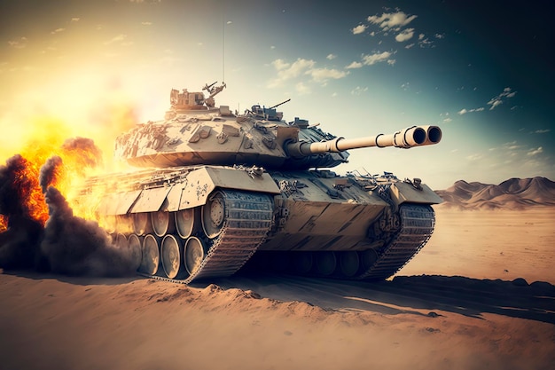 El tanque blindado cruza un campo minado durante la escena épica de invasión de guerra de fuego y algo en el desierto