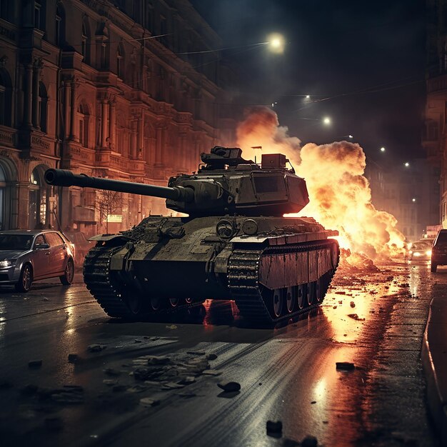 Foto un tanque en una calle por la noche