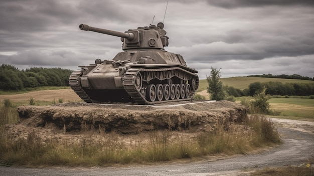 Un tanque en una colina en un campo.