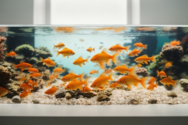 Foto tanque de aquário com peixes dourados em fundo branco