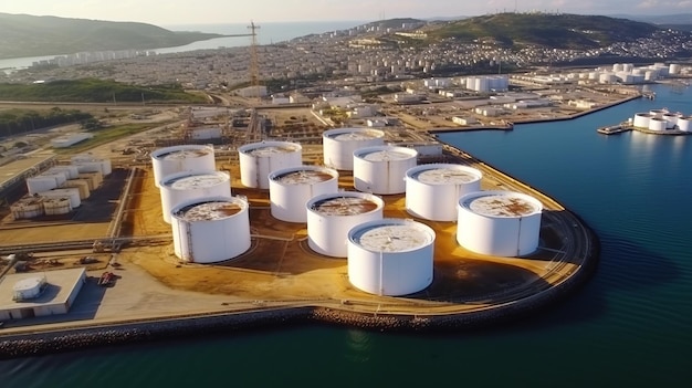 Tanque de armazenamento de terminal de óleo com vista aérea Petróleo químico de armazenamento de tanque de óleo branco