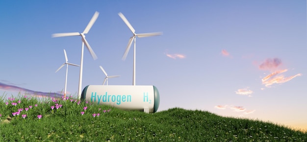 Tanque de energia de hidrogênio e turbina eólica hidrogênio verde e conceito de energia renovável