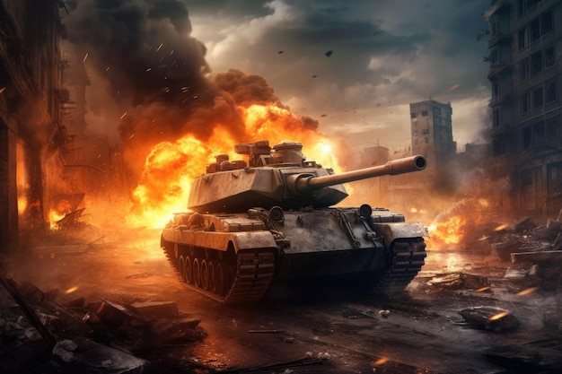 Tanque em uma cidade destruída pela guerra Exército batalha artilharia armas força conflito Generative AI