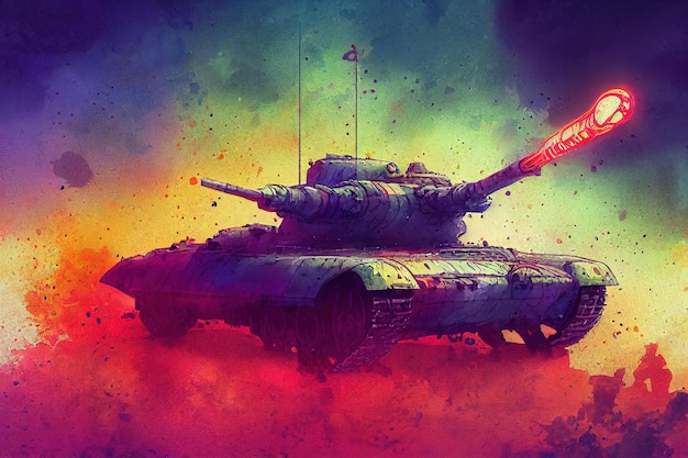 El tanque está en batalla disparando al enemigo. Guerra mundial. Enorme tanque. Pintura de ilustración de estilo de arte digital.