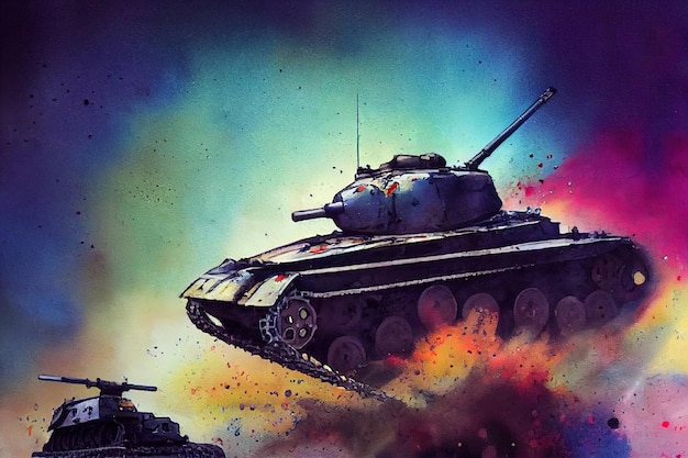 El tanque está en batalla disparando al enemigo. Guerra mundial. Enorme tanque. Pintura de ilustración de estilo de arte digital.