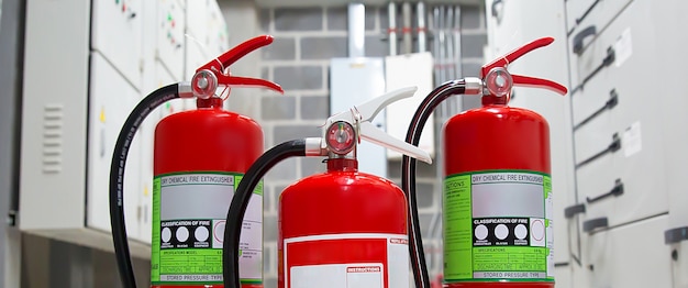 Tanque de extintores rojos en la estación de bomberos para emergencias y prevención de incendios.